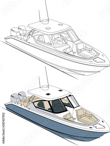 Sport fishing boat vector line art illustration 