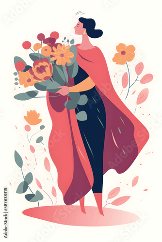 Mother like a superhero with bouquet of flowers, Mother's Day concept