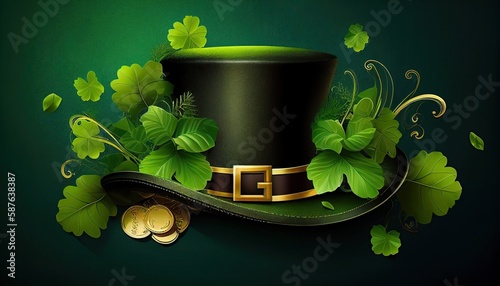 Saint Patricks Day Illustration. Irish Green Hat with Gold Coins and Clover, Generative AI