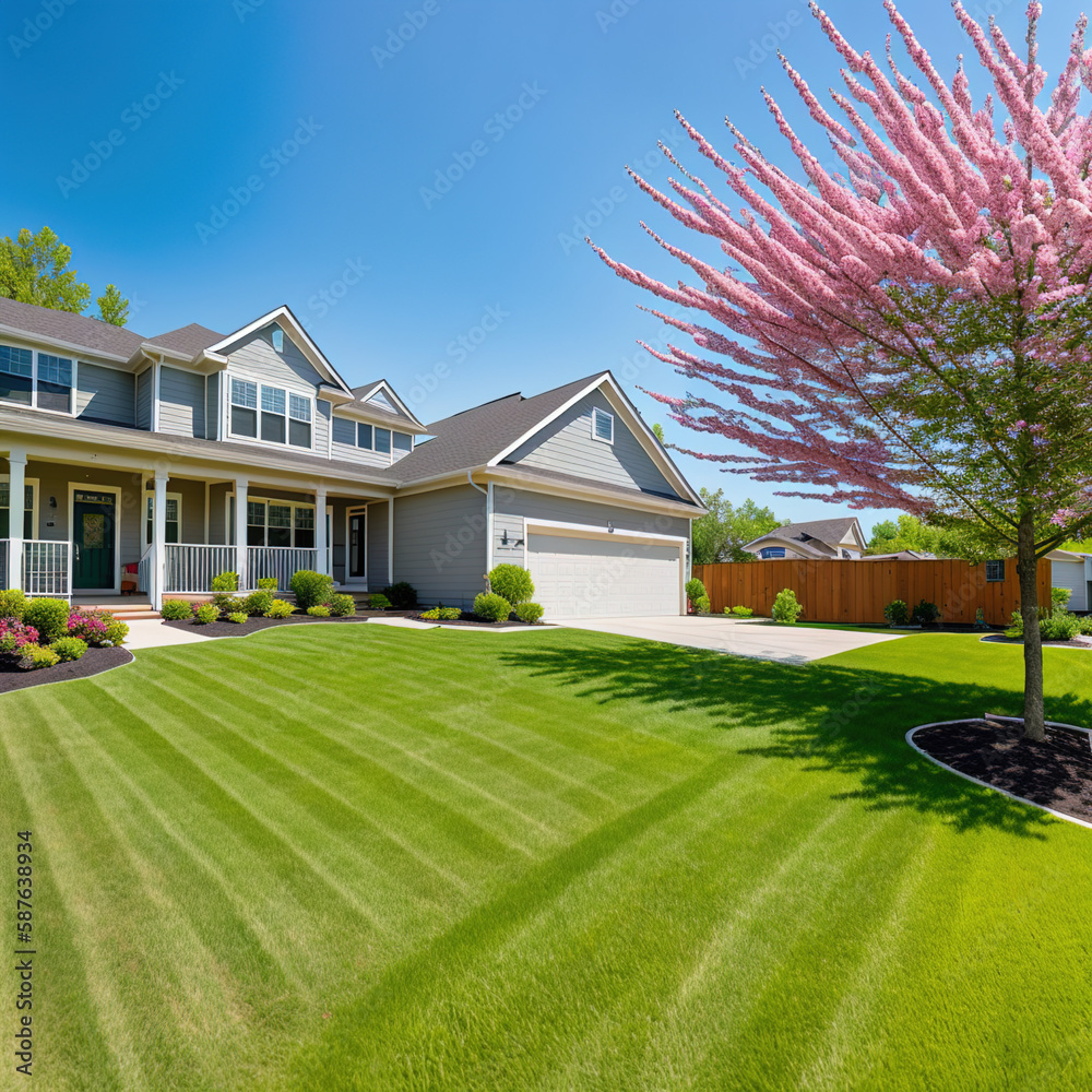 suburban house in spring, wide shots of home gardens, lawns, yards
