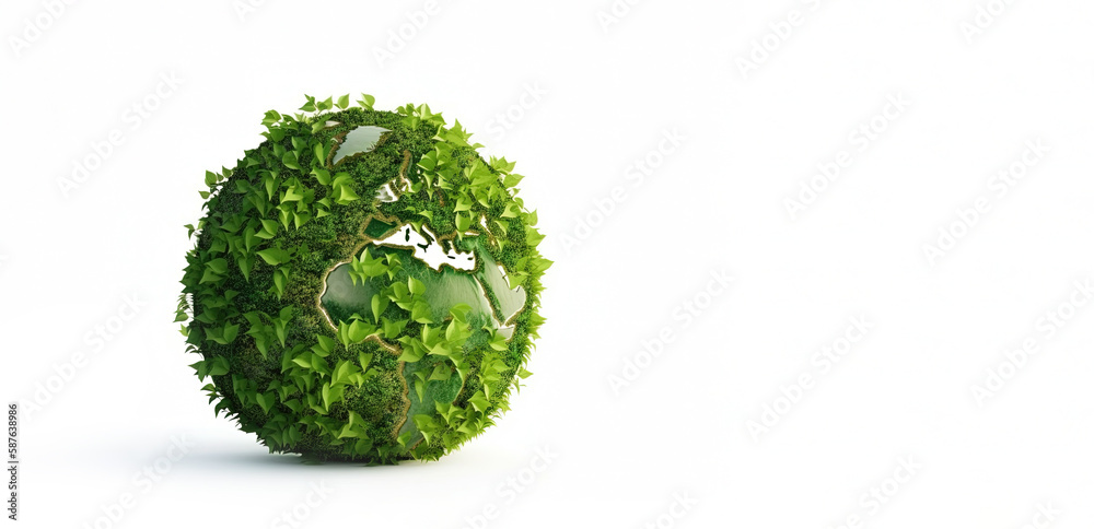 Earth day concept. Banner with eco-friendly globe created from green leaves on white background, created with Generative AI Earth day concept. Banner with eco-friendly globe created from green leaves on white background, created with Generative AI