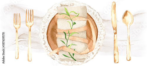 Watercolor wedding farmhouse table scape, table setting, food, decoration, rustic celebration, wooden plate