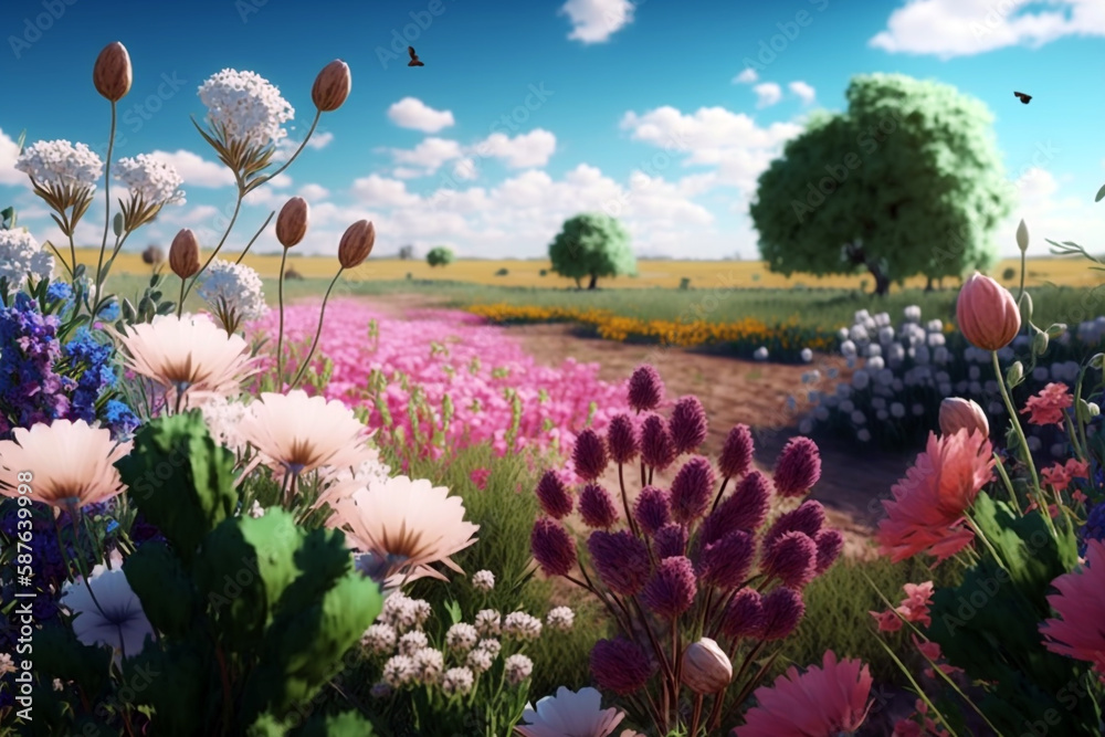 Wonderful spring field full of nice flowers on sunny day with blue sky on the background. Generative ai illustration