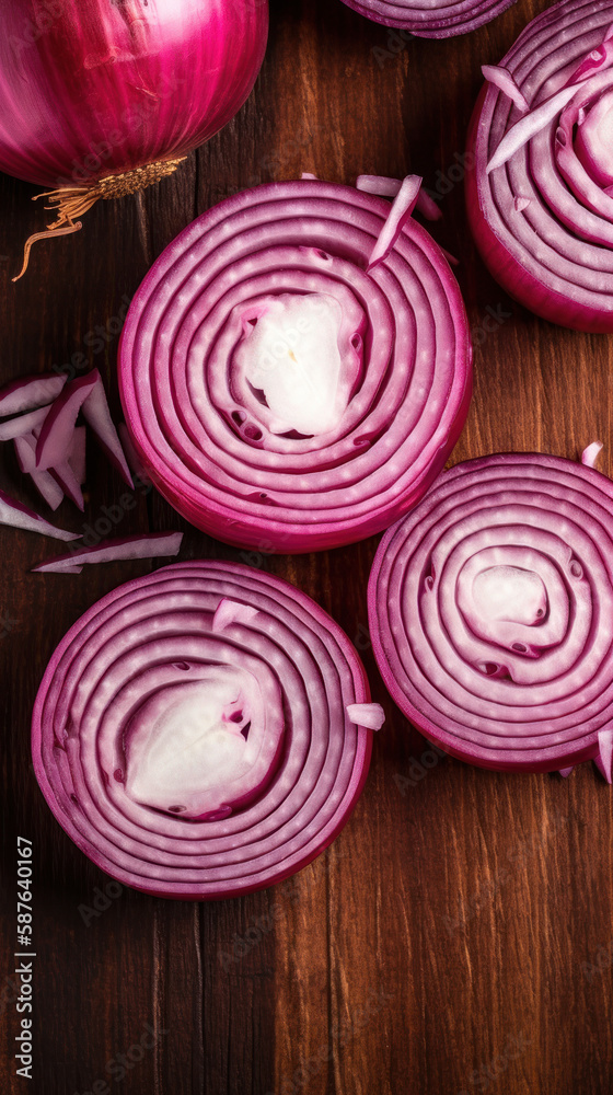 Sliced Red Onions  on a Wooden Table