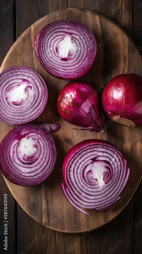 Sliced Red Onions  on a Wooden Table
