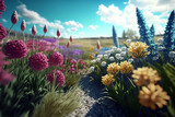Spring field full of nice flowers on sunny day with blue sky on the background. Generative ai illustration