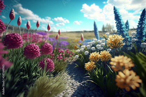 Spring field full of nice flowers on sunny day with blue sky on the background. Generative ai illustration