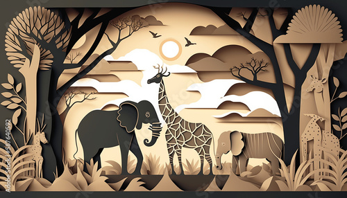 paper cut style of Safari animals theme feature. Generative AI