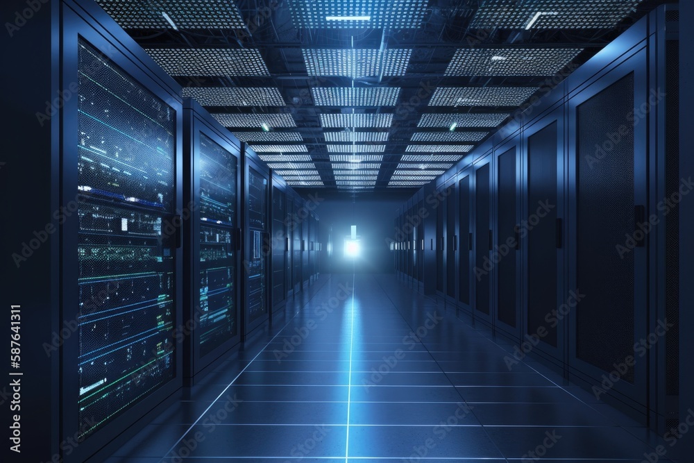 modern server room typically features rows of racks, network and computing equipment dark color scheme with blue lights and blurry background - Generative AI modern server room typically features rows of racks, network and computing equipment dark color scheme with blue lights and blurry background - Generative AI