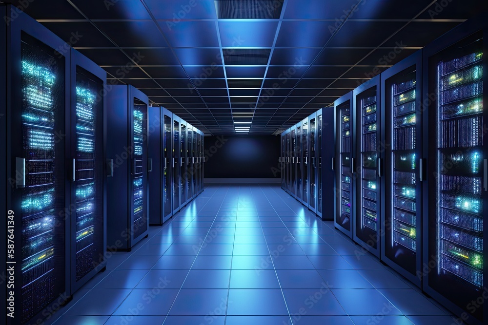 modern server room typically features rows of racks, network and computing equipment dark color scheme with blue lights and blurry background - Generative AI