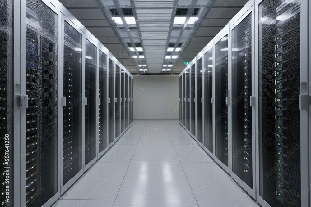 modern server room typically features rows of racks, network and computing equipment - Generative AI