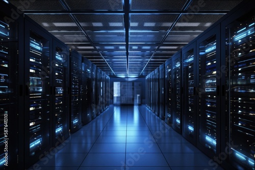 modern server room typically features rows of racks, network and computing equipment dark color scheme with blue lights and blurry background - Generative AI