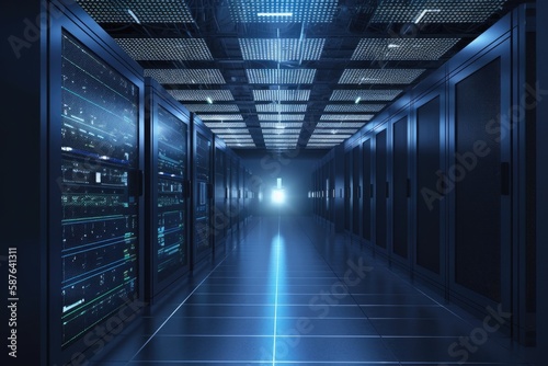 modern server room typically features rows of racks, network and computing equipment dark color scheme with blue lights and blurry background - Generative AI