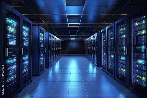 modern server room typically features rows of racks  network and computing equipment dark color scheme with blue lights and blurry background - Generative AI