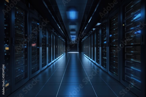modern server room typically features rows of racks, network and computing equipment dark color scheme with blue lights and blurry background - Generative AI © Hanjin