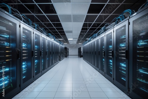 modern server room typically features rows of racks  network and computing equipment - Generative AI