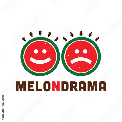 Melondrama the word coined by combining two worlds, melodrama and water melon. The light mood funny expression vector logo art. 
