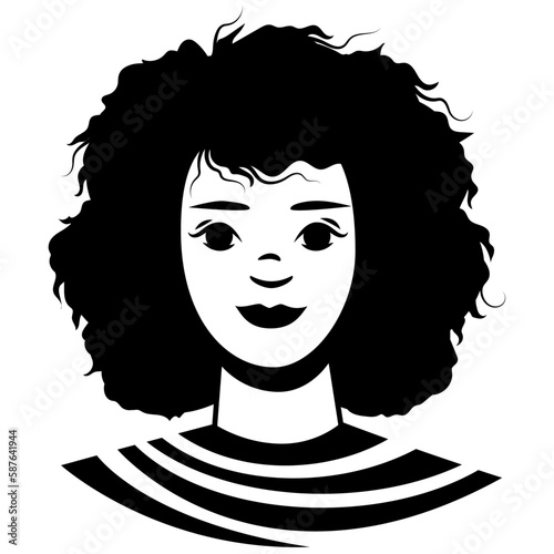 Illustration du visage d'une femme avec de beaux cheveux bouclés, ethnie Afrique et Méditerranée, regard doux et bienveillant, jeune personne, silhouette monochrome style découpe ou pochoir 
