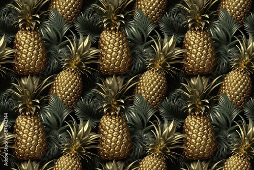seamless closeup of golden pineapple and shiny exotic leaves. illustration Generative AI.