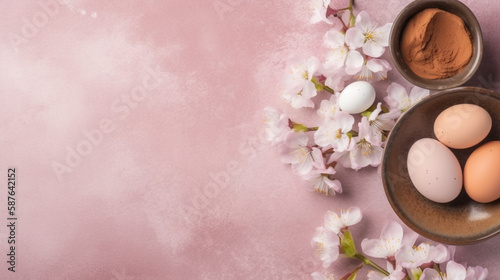 Happy easter composition. Easter eggs, flowers on pastel pink background with copy space