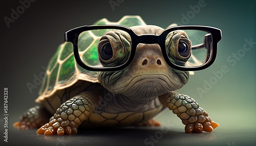 Little Cute Green Turtle in Glasses. Generative AI