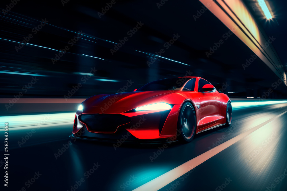 Stylish red sports car with bright headlights driving at high speed on asphalt road. Light trails at night. Generative AI. Stylish red sports car with bright headlights driving at high speed on asphalt road. Light trails at night. Generative AI.