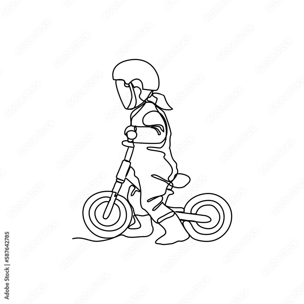 a child is learning to use a bicycle in continuous line art drawing style. design with Minimalist black linear design isolated on white background. Sport themes Vector illustration