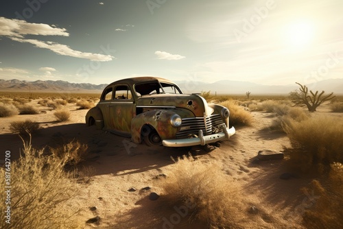 Abandoned old car in desert. Generate Ai