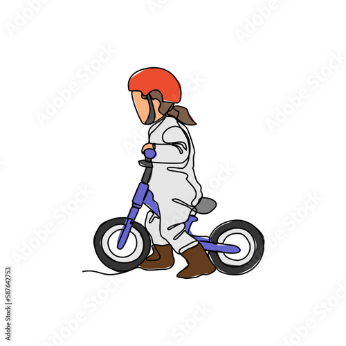 a child is learning to use a bicycle in continuous line art drawing style. design with Minimalist black linear design isolated on white background. Sport themes Vector illustration