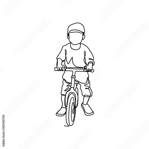 a child is learning to use a bicycle in continuous line art drawing style. design with Minimalist black linear design isolated on white background. Sport themes Vector illustration
