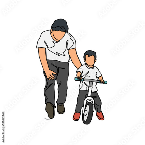 a father is teaching his son to use a bicycle in continuous line art drawing style. design with Minimalist black linear design isolated on white background. Sport themes Vector illustration
