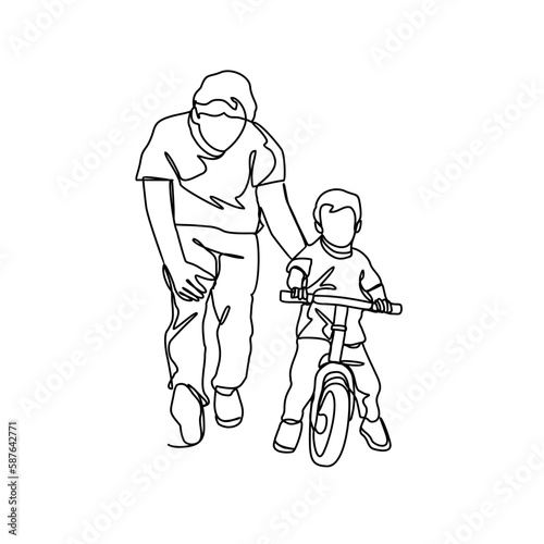a father is teaching his son to use a bicycle in continuous line art drawing style. design with Minimalist black linear design isolated on white background. Sport themes Vector illustration