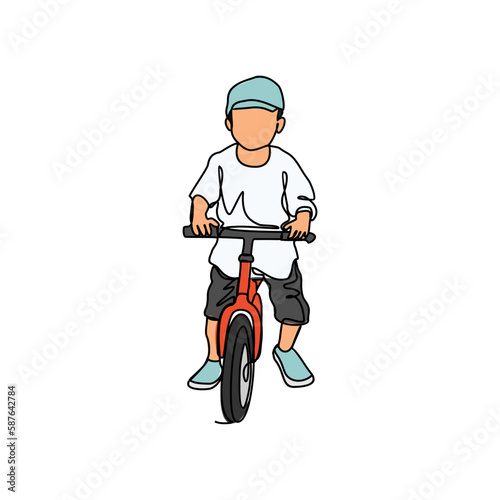 a child is learning to use a bicycle in continuous line art drawing style. design with Minimalist black linear design isolated on white background. Sport themes Vector illustration