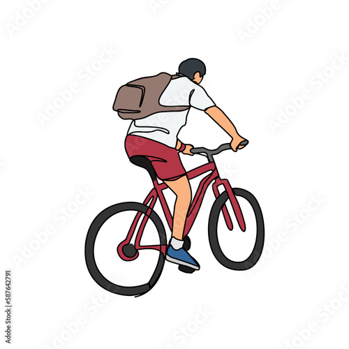 a man uses a bicycle to go to work in continuous line art drawing style. design with Minimalist black linear design isolated on white background. Sport themes Vector illustration