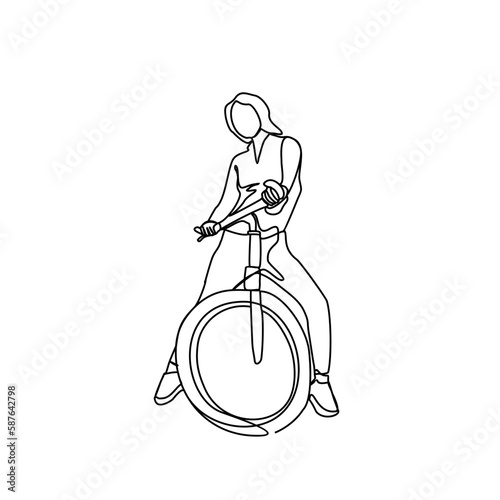 a woman  use a bicycle in continuous line art drawing style. design with Minimalist black linear design isolated on white background. Sport themes Vector illustration