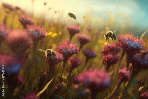 Bees on flowers field. Generate Ai