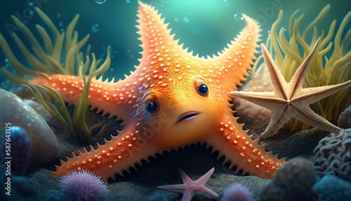 Starfish Underwater. Cute Character Design. Sea Star Generative AI