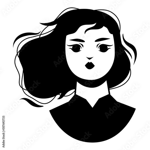 Illustration style pochoir d'une tête de femme Asiatique, mouvement des cheveux au vent, silhouette monochrome noir, composition graphique, visage de face, buste avec col de chemise