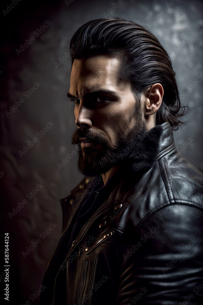 Side profile portrait man with leather jacket over dark background. Fashion studio shot. Generative AI.