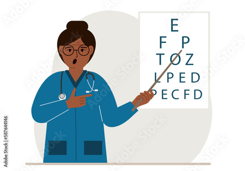 Ophthalmologist near the vision test table. Diagnosis and eye examination. Optometrist checks eyesight and chooses glasses.