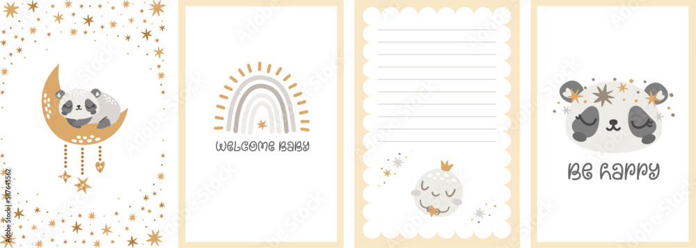 Baby shower template set. Cute panda sleeping on the moon, smiling planets, lettering. Vector templates for children's cards Baby shower template set. Cute panda sleeping on the moon, smiling planets, lettering. Vector templates for children's cards