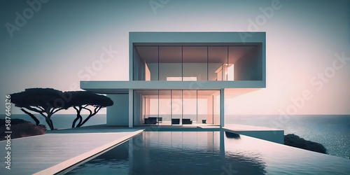 Luxury residential minimalist villa with pool and ocean on horizon. generative AI