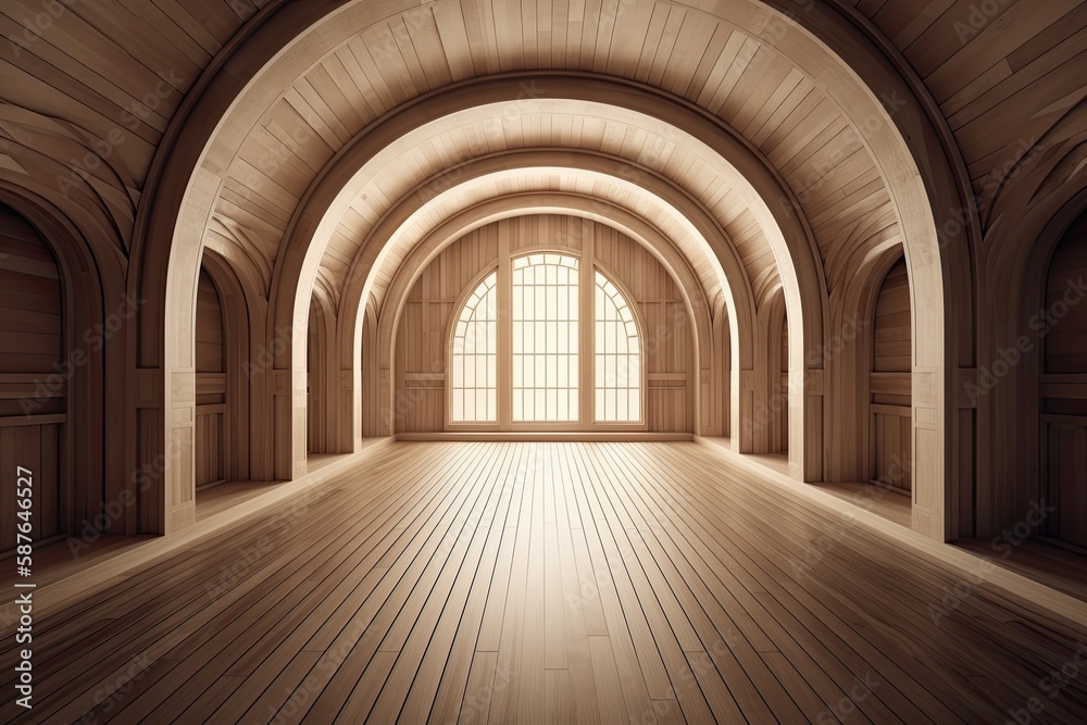 Illustration of an Empty Room with Arched Windows and Wooden Floors. Generative AI