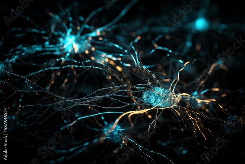 System of neuron's with glowing connections on black background. Generative AI Illustration.