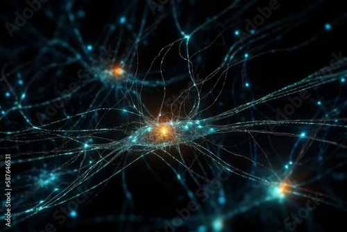 System of neuron's with glowing connections on black background. Generative AI Illustration. © AI Visual Vault