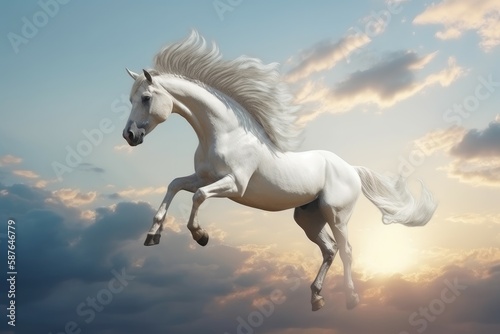 Pegasus flying on sunset sky. Generate Ai © nsit0108