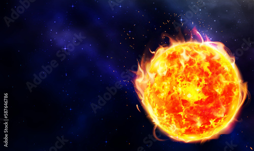 Fototapeta Naklejka Na Ścianę i Meble -  Burning sun with solar flare in the space background against dark galaxy starry sky. Fire Planet or Red hot Planet.Solar map with plasma flares.Planets in space, nebula and stars. Science Vector EPS10