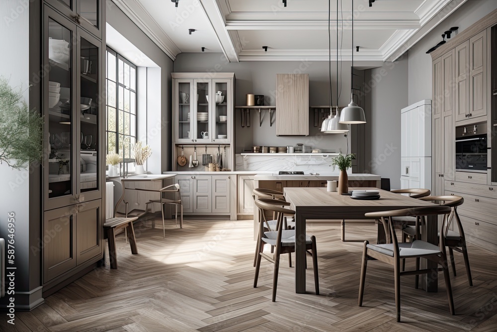 cozy kitchen with a rustic wooden table and chairs. Generative AI cozy kitchen with a rustic wooden table and chairs. Generative AI