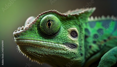 Green Chameleon Closeup Side View. Generative AI © Postmodern Studio