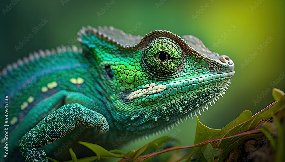 Green Chameleon Closeup Side View. Generative AI Green Chameleon Closeup Side View. Generative AI